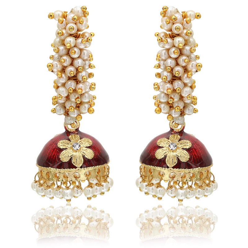 Moonstruck Golden Meenakari Jhumkas With White Pearls For Women (Green) (Maroon) - Image 1